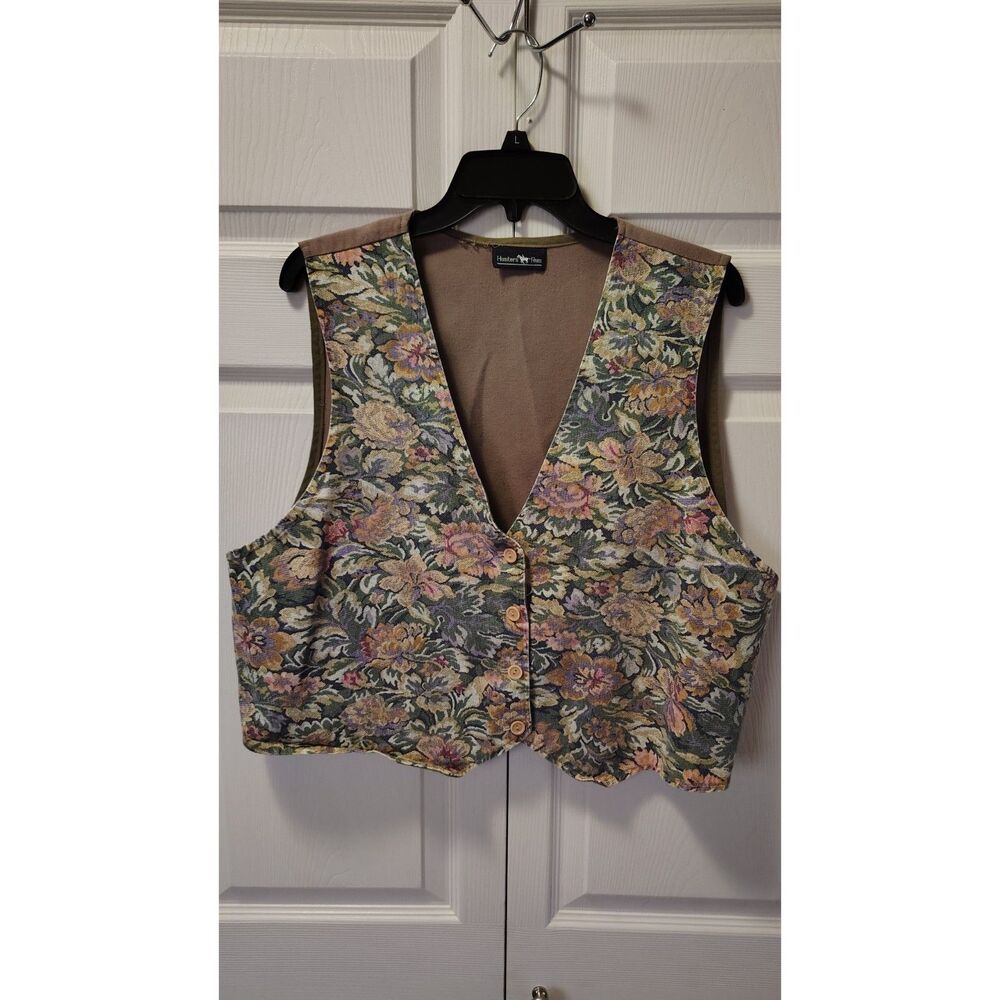 Vintage Hunters Run Brown Floral Cottage-Core Button-Down Vest A8‎ Medium